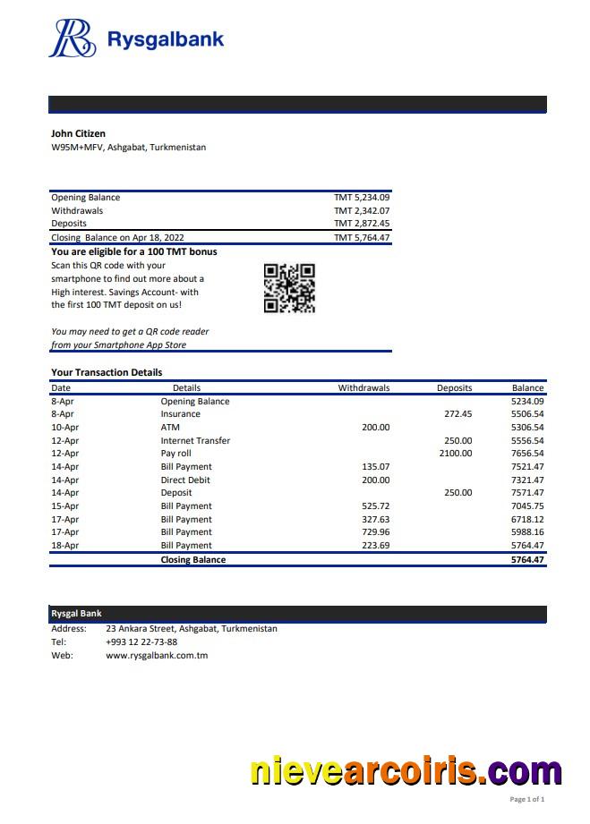 Turkmenistan Rysgal bank statement xls